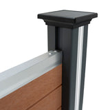 Brown composite fence panel with a sleek LED post, featuring a smooth texture and modern angled design for outdoor use
