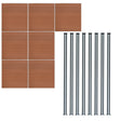 Brown composite fence panels arranged in a grid with eight sleek black LED posts, showcasing a modern outdoor design