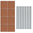Brown composite fence panels arranged in a grid with nine sleek LED posts beside them, showcasing a modern outdoor design