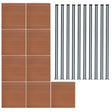 Brown composite fence panels arranged in a grid with ten sleek black LED posts, showcasing a modern outdoor design