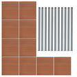 Brown composite fence panels arranged in a grid with sleek black LED posts, showcasing a modern, textured wood-like finish