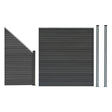 Grey composite fence panel with angled piece and two sleek LED posts, featuring a smooth, modern texture and clean lines