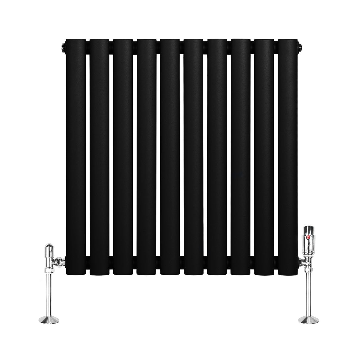 Sleek black oval single column radiator with vertical bars and shiny chrome valves, perfect for modern heating solutions