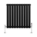 Sleek black oval single column radiator with vertical bars and shiny chrome valves, perfect for modern heating solutions