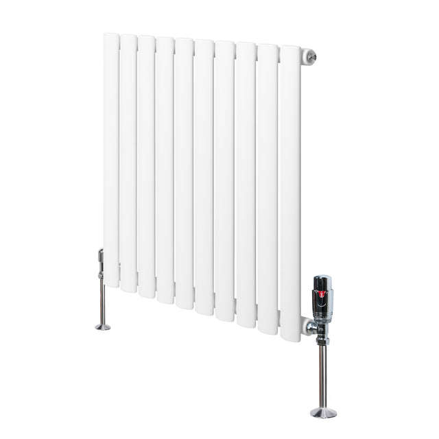 Sleek white oval single column radiator with vertical slats, featuring polished metal valves and sturdy chrome feet for stability