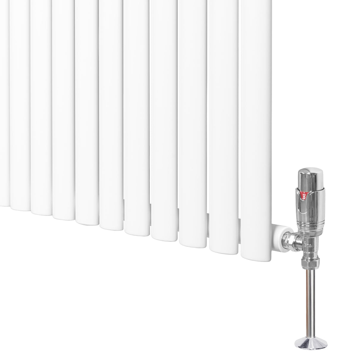 Sleek white oval single column radiator with polished chrome valve, featuring smooth vertical panels and a modern design