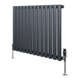 Anthracite grey oval single column radiator with sleek vertical bars and polished valves, designed for modern heating solutions