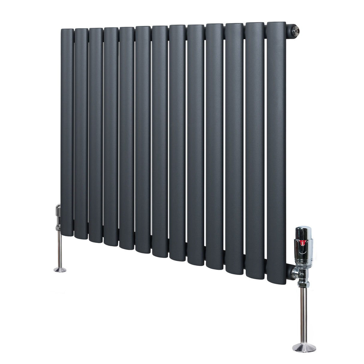 Anthracite grey oval single column radiator with sleek vertical bars and polished valves, designed for modern heating solutions