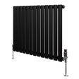 Sleek black oval single column radiator with polished valves, measuring 600mm x 780mm, featuring a modern design and smooth finish