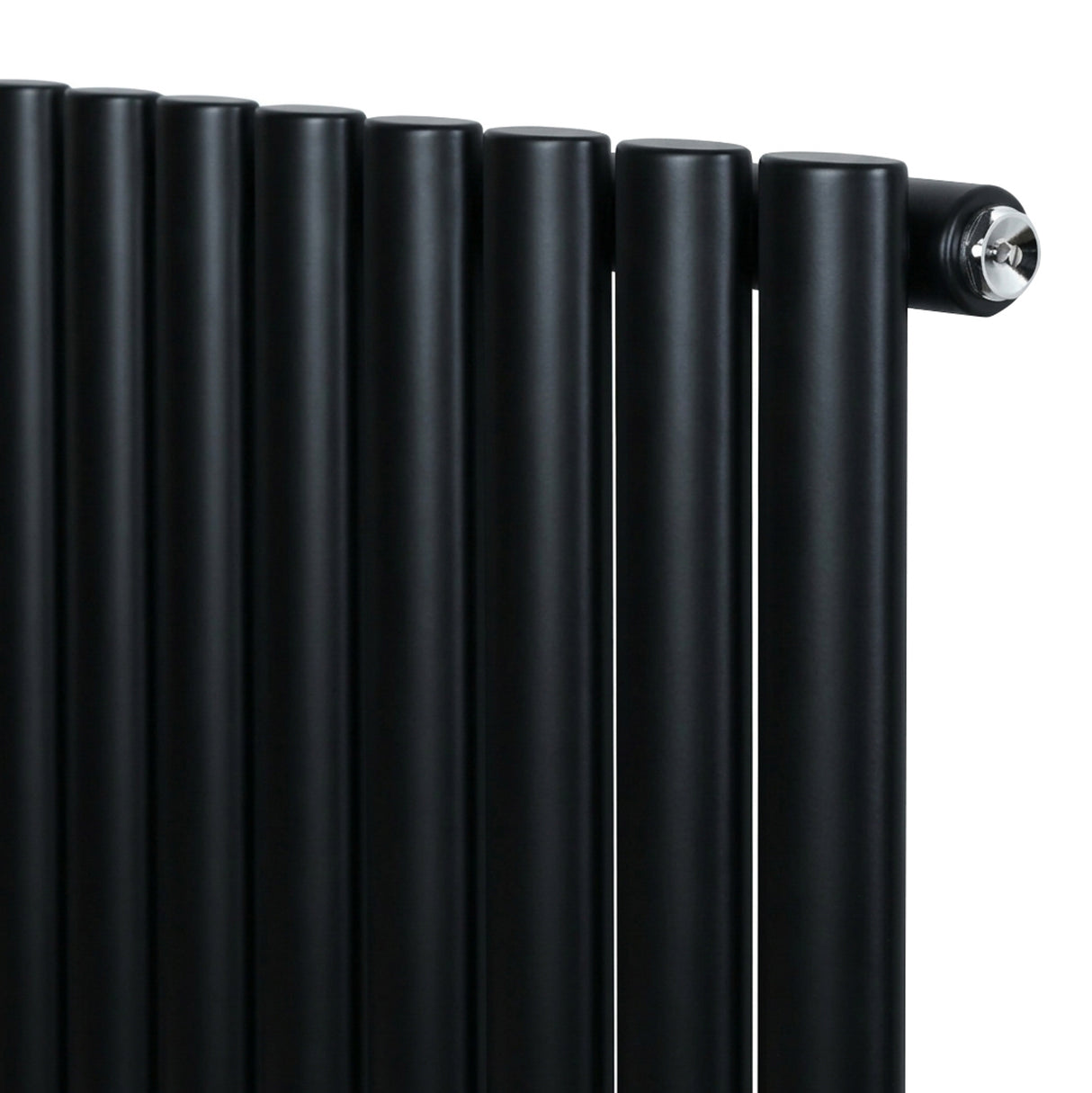 Sleek black oval single column radiator with smooth, rounded tubes and polished valve, measuring 600mm x 780mm, ideal for modern spaces