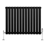 Sleek black oval single column radiator with polished chrome valves, featuring a modern design and smooth matte finish, ideal for stylish heating