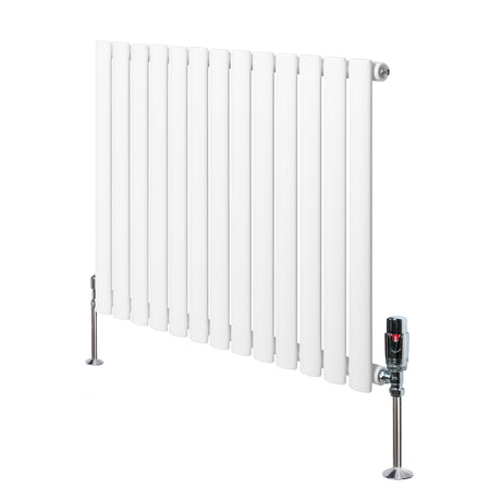 Sleek white oval single column radiator with vertical slats and modern valves, measuring 600mm x 780mm, ideal for stylish heating