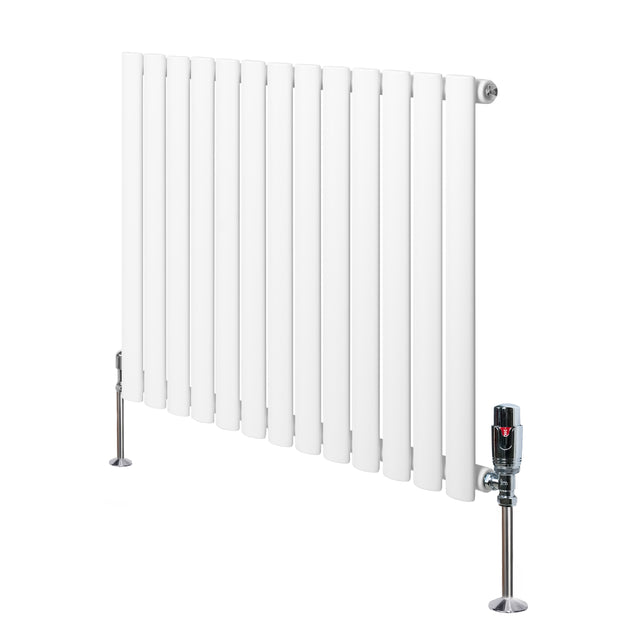 Sleek white oval single column radiator with vertical slats and modern valves, measuring 600mm x 780mm, ideal for stylish heating
