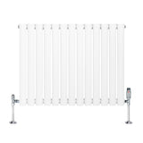 Sleek white oval single column radiator with chrome valves, measuring 600mm x 780mm, featuring smooth, modern lines and a polished finish