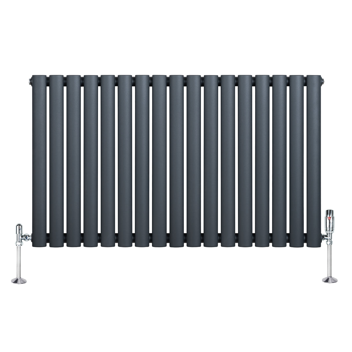 Anthracite grey oval single column radiator with sleek vertical bars and polished chrome valves, measuring 600mm x 1020mm