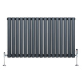 Anthracite grey oval single column radiator with sleek vertical bars and polished chrome valves, measuring 600mm x 1020mm