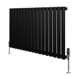 Sleek black oval single column radiator with polished valves, featuring a modern design and smooth matte finish, ideal for stylish heating