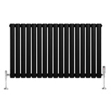 Sleek black oval single column radiator with polished chrome valves, measuring 600mm x 1020mm, featuring a modern design and smooth finish