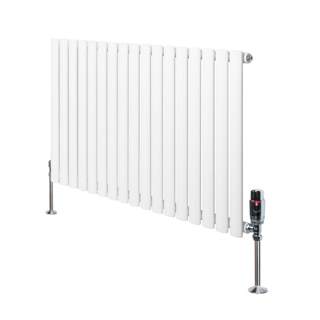 Sleek white oval single column radiator with polished chrome valves, measuring 600mm x 1020mm, featuring smooth vertical fins