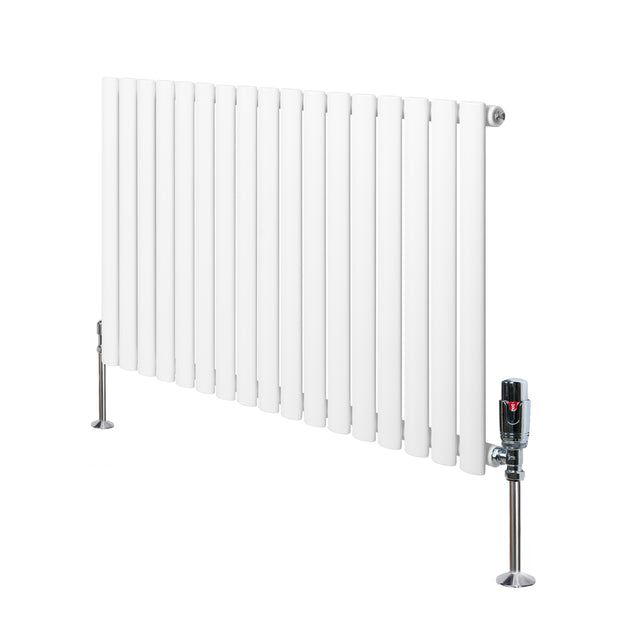 Sleek white oval single column radiator with polished chrome valves, measuring 600mm x 1020mm, featuring smooth vertical fins