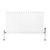 Sleek white oval single column radiator with chrome valves, featuring smooth, rounded edges and a modern design, ideal for heating spaces