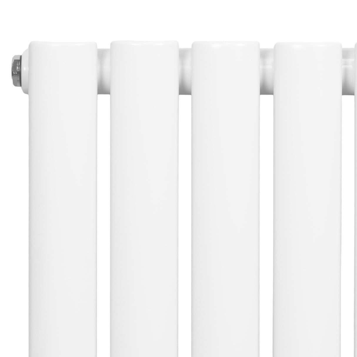 Sleek white oval single column radiator with smooth, glossy finish and visible valves, designed for efficient heating in modern spaces