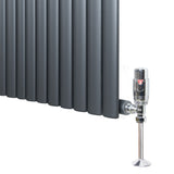 Anthracite grey oval single column radiator with vertical fins and polished chrome valve, showcasing a sleek modern design