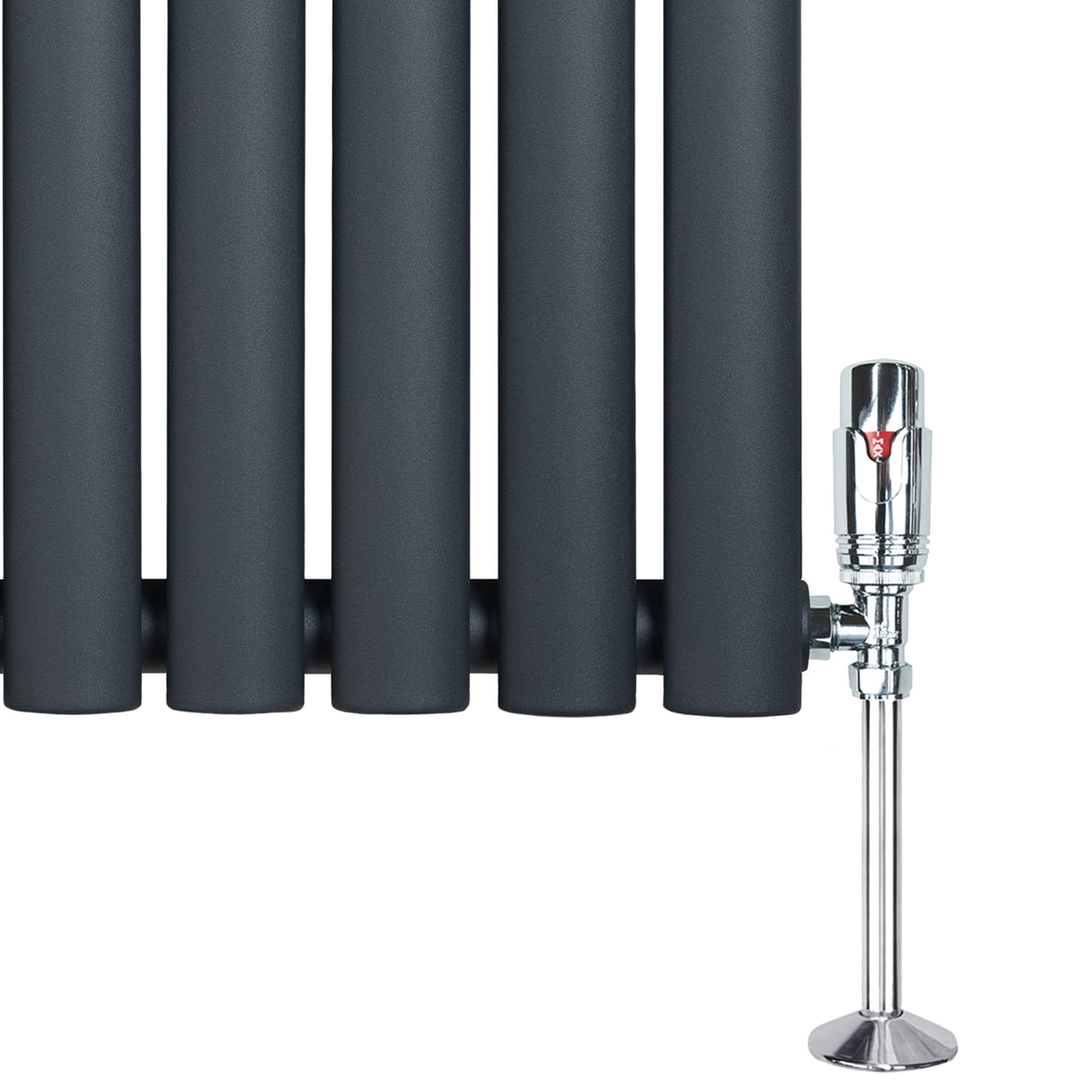 Anthracite grey oval single column radiator with sleek, smooth finish and polished chrome valve, designed for modern interiors