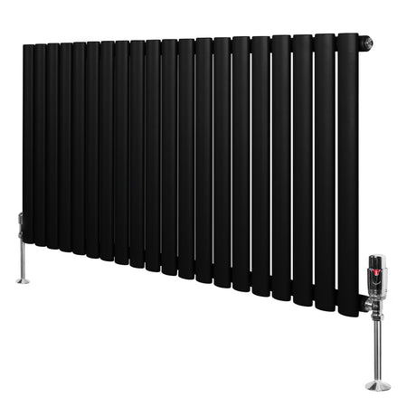 Sleek black oval single column radiator with polished valves, featuring a modern design and smooth, matte finish, measuring 600mm x 1200mm