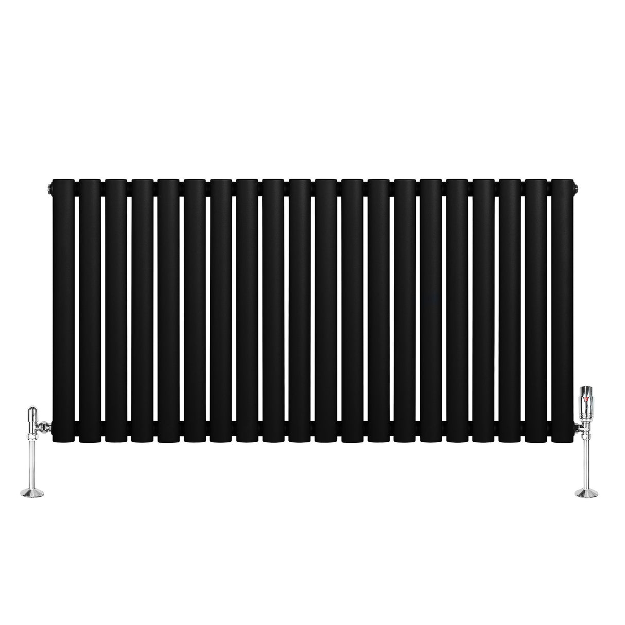 Sleek black oval single column radiator with polished chrome valves, featuring a modern design and smooth matte finish, 600mm x 1200mm