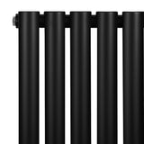 Sleek black oval single column radiator with smooth, matte finish and rounded edges, featuring integrated valves for easy installation