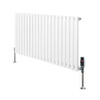 Sleek white oval single column radiator with vertical fins, featuring polished chrome valves and sturdy floor supports, ideal for modern interiors