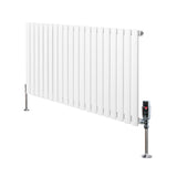 Sleek white oval single column radiator with vertical fins, featuring polished chrome valves and sturdy floor supports, ideal for modern interiors
