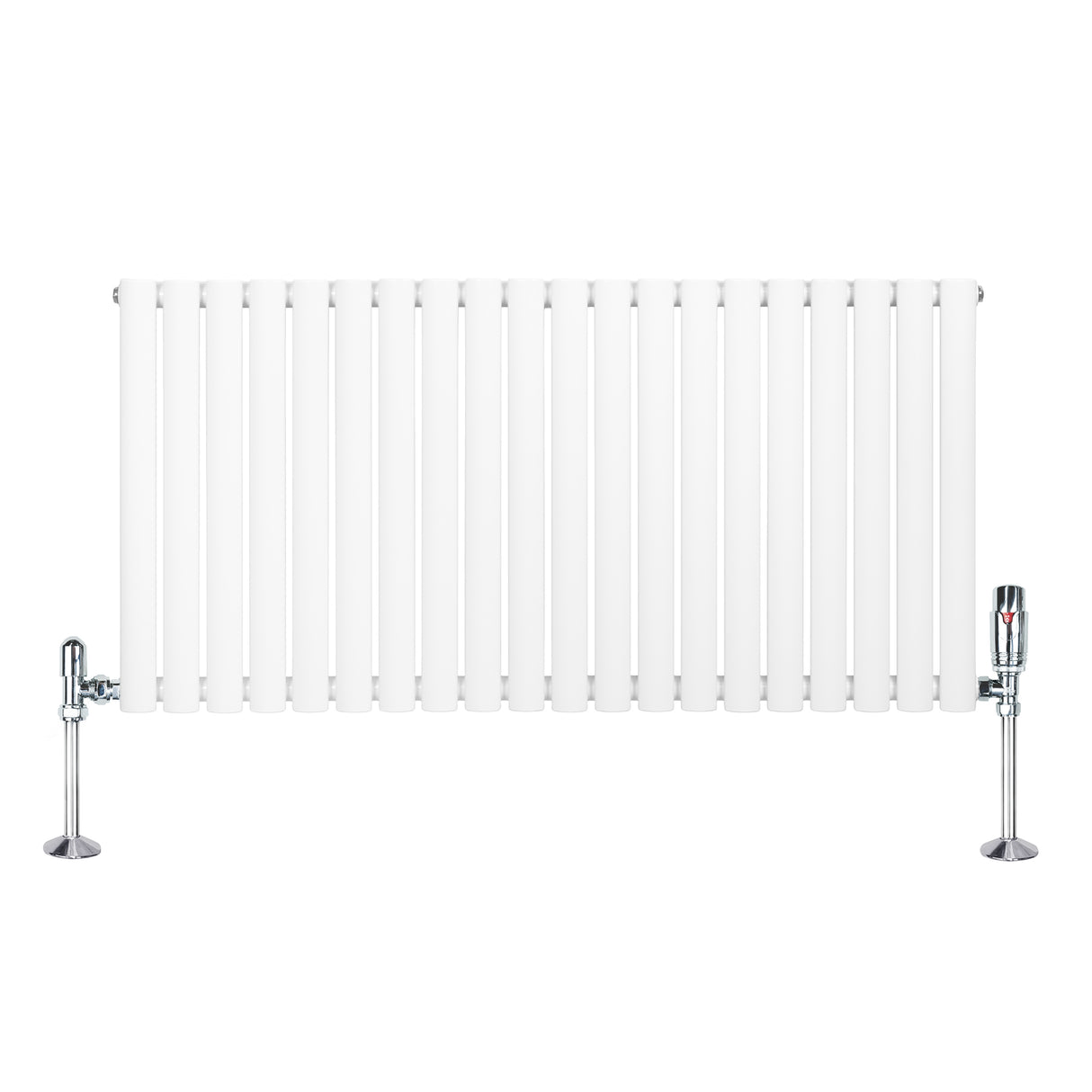 Sleek white oval single column radiator with chrome valves, measuring 600mm x 1200mm, featuring smooth, glossy finish and modern design