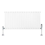 Sleek white oval single column radiator with chrome valves, measuring 600mm x 1200mm, featuring smooth, glossy finish and modern design