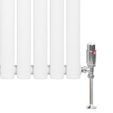 Sleek white oval single column radiator with polished chrome valve, showcasing smooth, rounded edges and modern design