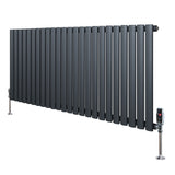 Sleek anthracite grey oval single column radiator with vertical bars and polished valves, measuring 600mm x 1440mm, ideal for modern spaces