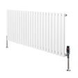 Sleek white oval single column radiator with vertical fins, featuring polished valves and sturdy floor supports, ideal for modern spaces
