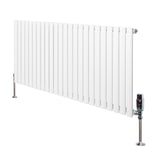 Sleek white oval single column radiator with vertical fins, featuring polished valves and sturdy floor supports, ideal for modern spaces