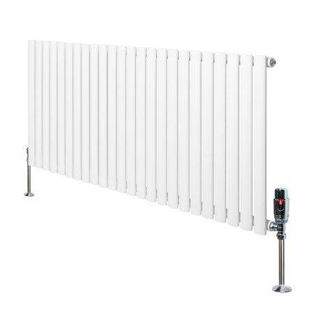 Sleek white oval single column radiator with vertical fins, featuring polished valves and sturdy floor supports, ideal for modern spaces