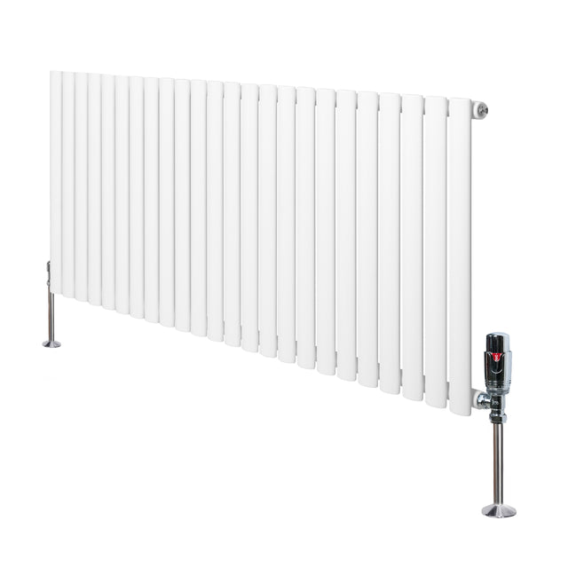 Sleek white oval single column radiator with vertical fins, featuring polished valves and sturdy floor supports, ideal for modern spaces