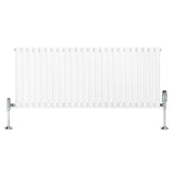 Sleek white oval single column radiator with chrome valves, measuring 600mm x 1440mm, featuring smooth, modern lines and a polished finish