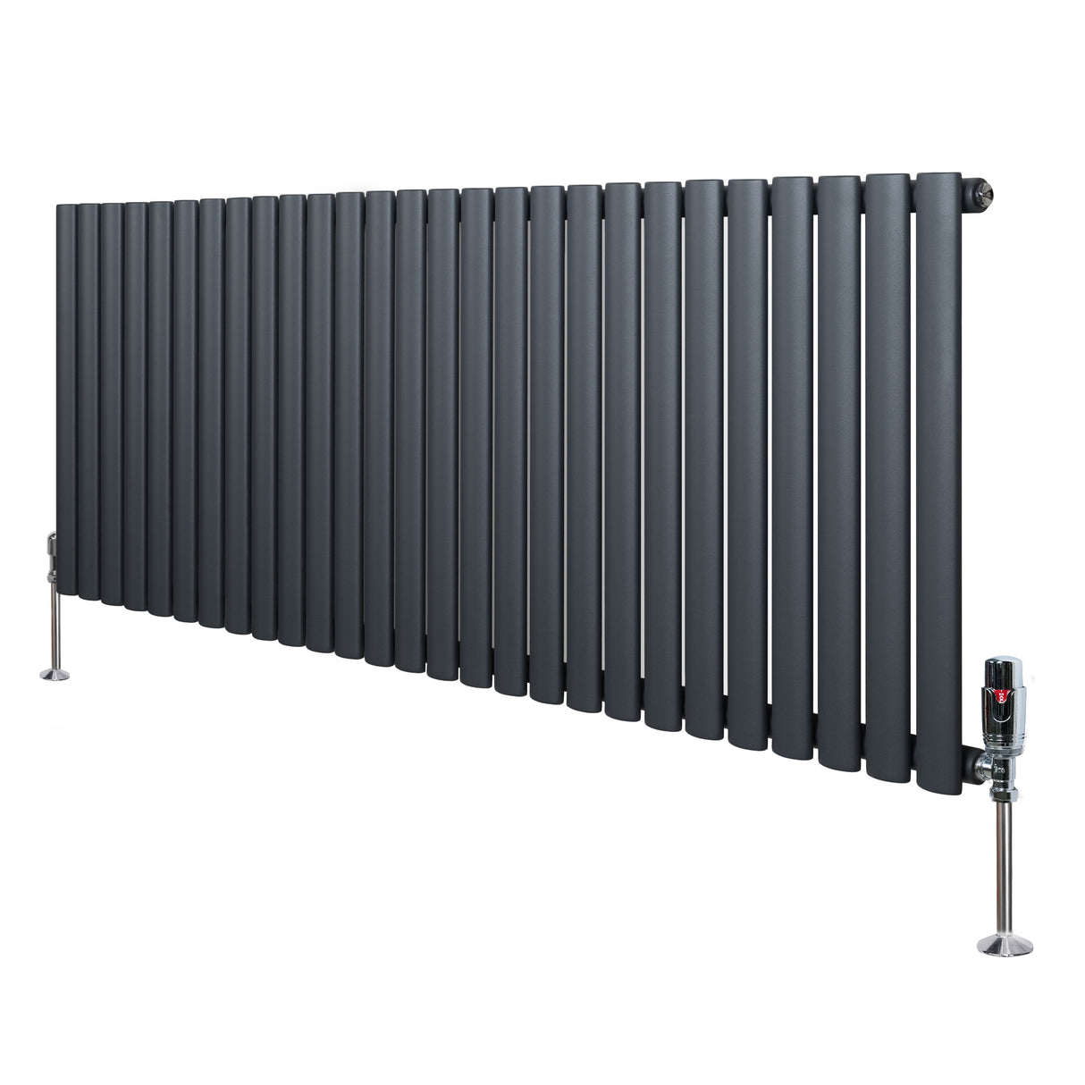 Sleek anthracite grey oval single column radiator with vertical bars, featuring modern valves and a smooth matte finish