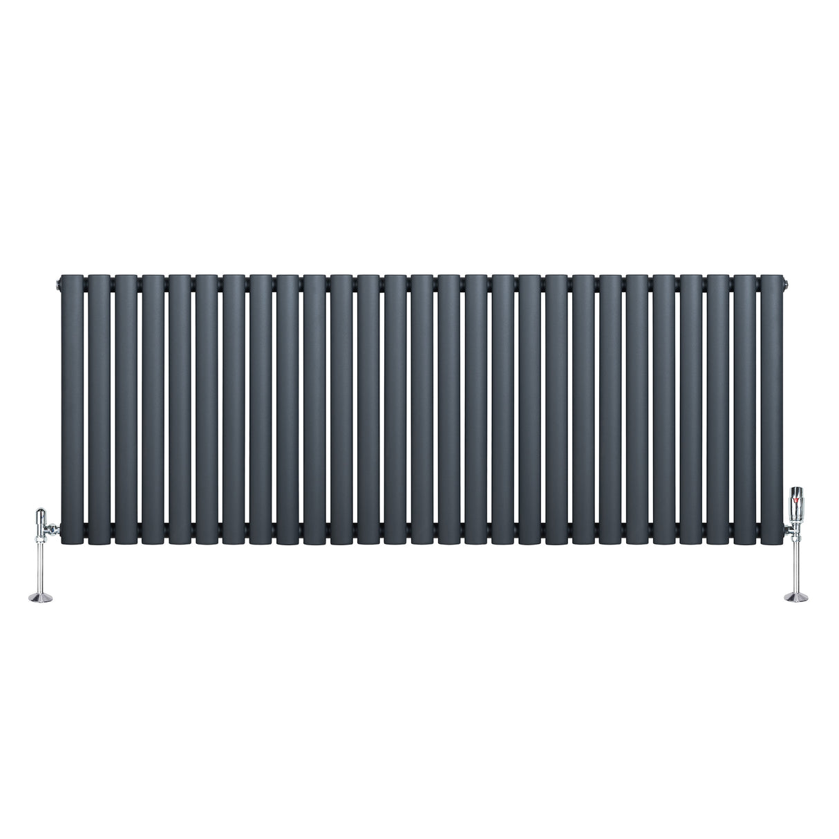 Sleek black oval single column radiator with polished chrome valves, featuring smooth vertical lines and a modern design, 600mm x 1440mm