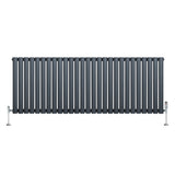 Sleek black oval single column radiator with polished chrome valves, featuring smooth vertical lines and a modern design, 600mm x 1440mm