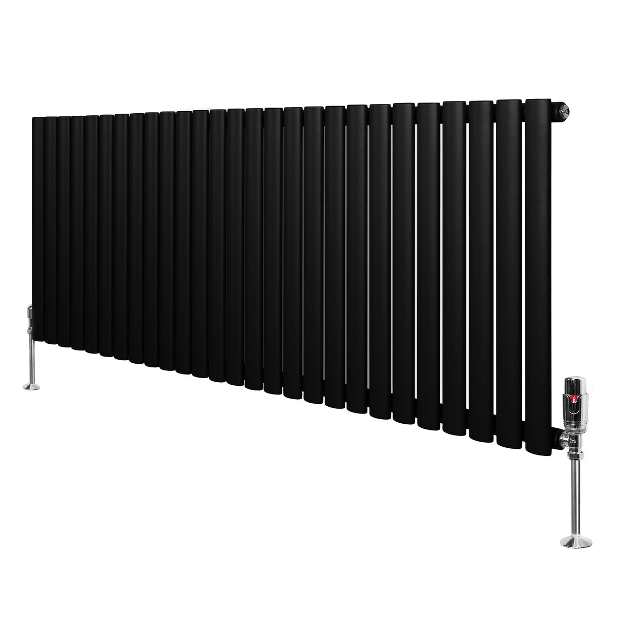 Sleek black oval single column radiator with vertical bars, measuring 600mm x 1620mm, featuring stylish valves at each end