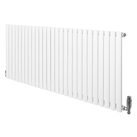Sleek white oval single column radiator with vertical bars, measuring 600mm x 1620mm, featuring modern valves for efficient heating