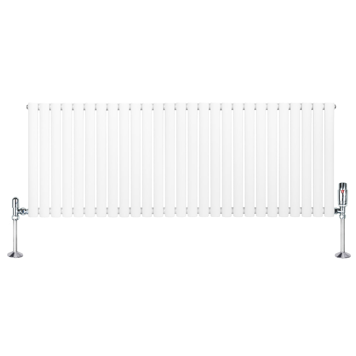 Sleek white oval single column radiator with chrome valves, measuring 600mm x 1620mm, featuring smooth vertical lines and a modern design