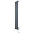 Sleek anthracite grey oval single column radiator with vertical bars, measuring 1600mm x 240mm, featuring stylish valves
