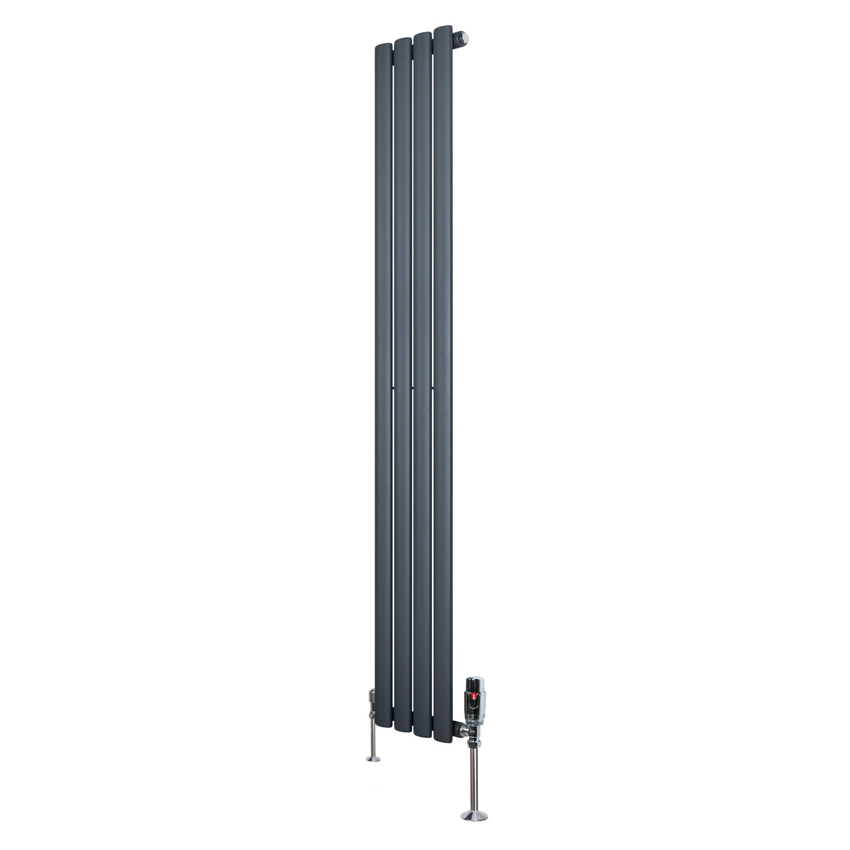 Sleek anthracite grey oval single column radiator with vertical bars, measuring 1600mm x 240mm, featuring stylish valves